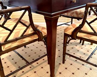 SOLD; beautiful game table with gold detailing and a drawer on each side for each player, with four Chippendale arm chairs with custom upholstery; closeup view of details; table: 37x37x30; chair: 24x19x36