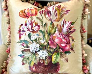 SOLD; custom, hand-painted silk botanical pillow with tri-colored fringe; 18x18
