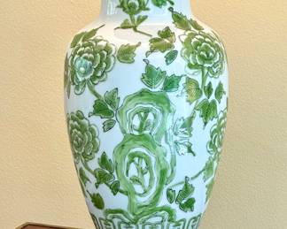 SOLD each (2 available); green and white Chinoiserie lamp with botanical design and butterfly finial; close up of botanical detail; 18x30