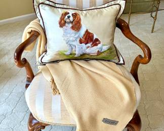 SOLD; custom-upholstered striped arm chair with claw feet; 24x23x38.   $100; Sferra throw.  $280 each (2 available); custom, hand-painted silk pillow; 18x12
