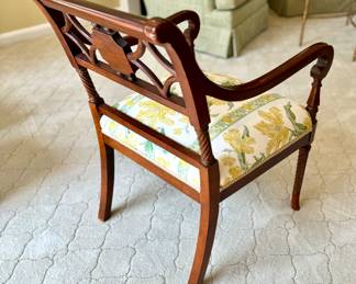 SOLD; custom-upholstered arm chair with spiral legs, curved arms and 2 trimmed, down pillows (slight damage to wood on chair back); view of back of chair; 22x24x28
