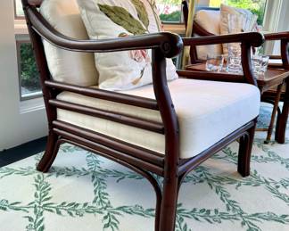 SOLD each (4 available); Rattan chair with off-white upholstered cushions by Palecek; view of detail on side of chair; 31x27x32