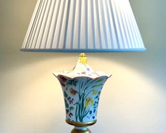 SOLD each (2 available); Frederick Cooper porcelain floral lamp with gold gilded accents; 18x33.5