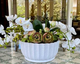 SOLD; Twigs and Moss orchid and poppy centerpiece in white ceramic bowl; like new condition; 26x14x12