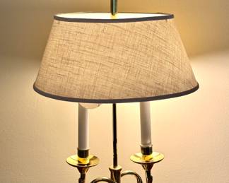 SOLD; vintage Baldwin brass serpentine Bouillotte two-arm, two-light table lamp; 13x25