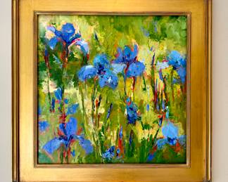 SOLD original oil painting of irises on panel by Cynthia Reid; 23.5x23.5