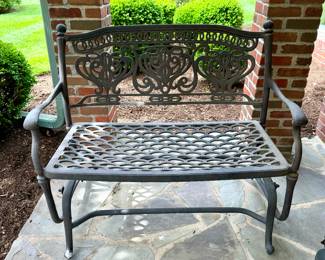 SOLD; gliding, metal outdoor bench; 45x30x36
