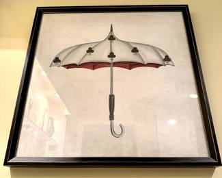SOLD; Clubs umbrella print in black wood frame by Spicher & Co; 25.5x25.5