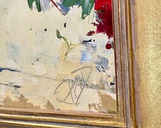 SOLD; original oil on panel by Cynthia Reid of poppies with a gold frame; detail of artist signature; 18x18