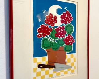 SOLD; signed and numbered, 59/125, "Moon Over Potted Geraniums" by Suzi McCord with white mat and geranium red, metal frame; 14.5x18.5