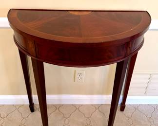 SOLD; vintage Hekman Furniture demilune table with inlaid design; 30x15x31