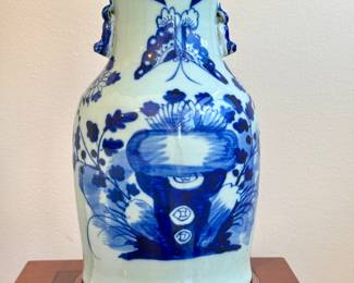 $300 each (2 available); blue and white Chinoiserie ginger jar lamp with butterfly motif and wood base; 15x11x13