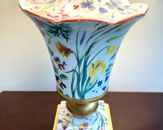 SOLD each (2 available); Frederick Cooper porcelain floral lamp with gold gilded accents; closeup of botanical detail; 18x33.5