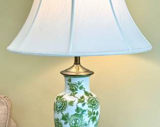 SOLD each (2 available); green and white Chinoiserie lamp with botanical design and butterfly finial; 18x30