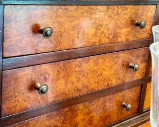 $2800; Carlton House style writing desk with 2 pencil drawers, 6 cubby drawers, 2 front drawers and vertical cubbies and leather top; in amazing condition; closeup of the burl wood detail; 48x24x37