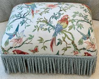 SOLD; small silk upholstered foot stool with bird fabric and braided fringe border; 19x15x10