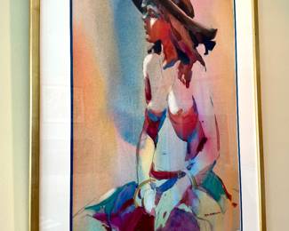 SOLD Original watercolor by Don Andrews in a blue and white double mat  and gold frame; 28x36.5