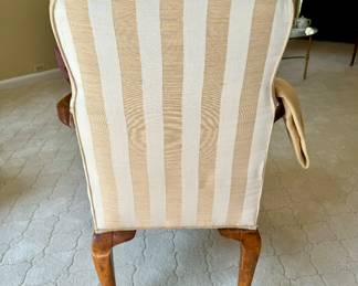 SOLD; custom-upholstered striped arm chair with claw feet; view of back of chair; 24x23x38.   