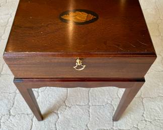 $200; wooden box side table with inlaid shell design (slight ware on top); 15x11x21