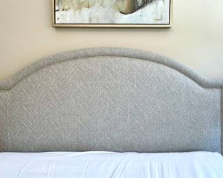 SOLD - Charles Stweart & Co custom upholstered queen headboard; mattress and boxspring and frame included; headboard: 65x53.      Coordinating chair and bench additional.