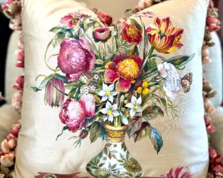 SOLD; custom, hand-painted silk botanical pillow with tri-colored fringe; 18x18