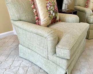SOLD each (1 available); custom-upholstered swivel club chair with skirt in a green tween fabric; 33x32x31
