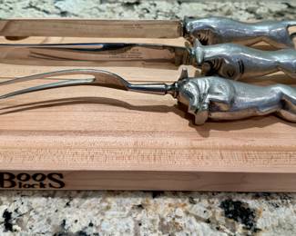 SOLD; vintage Bruce Fox "Charging Bull" 3-piece carving set.   $58; wood BBQ carving board by JK Adams