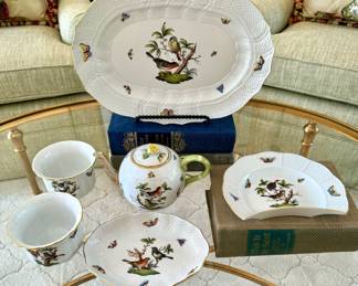 $250; Herend Rothschild Bird oval platter; 13.5x10.  $450; Herend Rothschild Bird teapot and lid; 8x5.   $200 each (2 available); Herend Rothschild Bird cachepot; 4.5x3.    $120; Herend Rothschild Bird oval dish; 8x6x1.   $120; Herend Rothschild Bird crescent salad dish; 7.5x6.5x1
