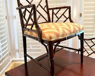 SOLD; beautiful game table with gold detailing and a drawer on each side for each player, with four Chippendale arm chairs with custom upholstery; view of chair; table: 37x37x30; chair: 24x19x36