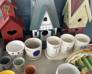 wood bird houses and planters  