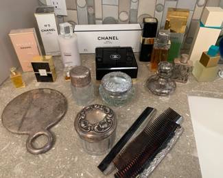 Chanel and Tiffany fragrances, antique dresser accessories