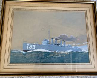 Worden Wood (American 1880-1943) gouache, USS Pillsbury