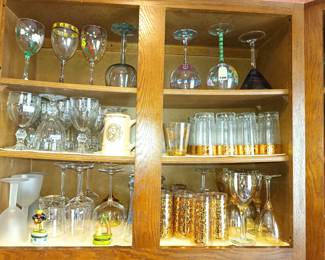 Hand painted wine glasses and vintage gold leaf glasses