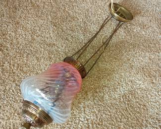 Antique hanging lamp with pink / white shade