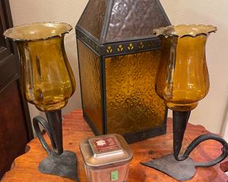 Amber Glass Lantern, and Wrought Iron Candle Holders, Candles
