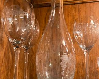 Etched Glass Wine Decanter and glasses
