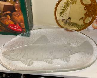Vintage Frosted Glass Czech Smoked Salmon Serving Platter Tray 19" Fish Art