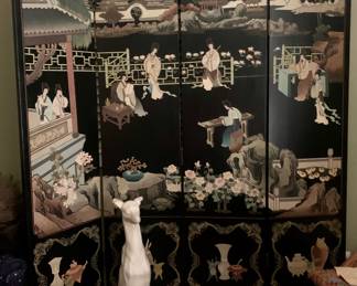 Pretty Four Panel Coromandel Screen With Pastel Beauties Asian Room Divider, Dog Statue as is