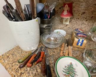 Tons of Knives, Duck Shape Spreaders,  Clear Daisy Glass Bowls, Utensils 