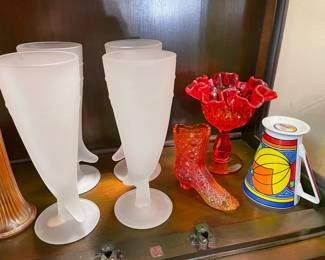 Tiara Horn Glasses, Orange Shoe,  Harrods Coffee Mug, Fenton Orange Ruffle Compote