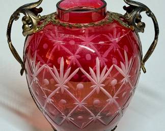 Ruby Glass Cut to Clear Bohemian Vase gilt ormolu mounting with brass feet and handles