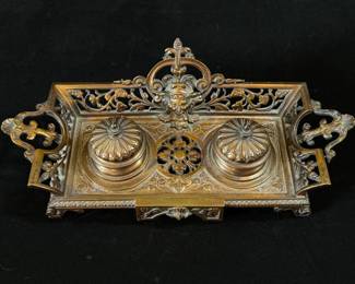 Intricate Brass double inkwell with glass wells