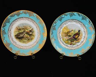 Pair JWK German Intricately Gilt Bird Porcelain Plates Pheasant and Sandpiper
