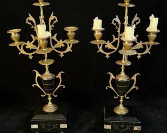 A Pair of High Victorian Eastlake Style Marble Base Candelabras