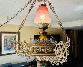 High Victorian Unique Chandelier in Cast Brass, Cranberry Glass