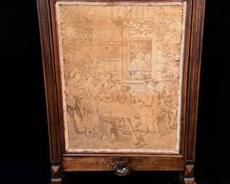 antique wood carved fire screen with tapestry