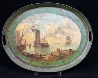 Tole painted antique tin tray with harbor scene and sailboats