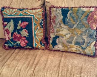 2 Antique pillows made from 18th C Russian kilim fragments with buttoned black velvet backs