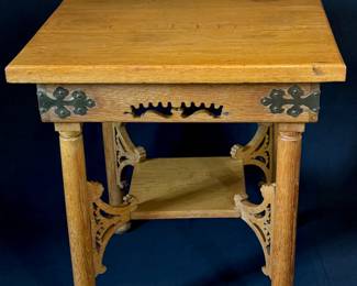 Roycroft style lamp table of Golden Oak with tacked cut brass corner blocks - fun piece