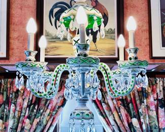 Gloriously Quirky Very Fine Antique Bohemian Chandelier - White and Green glass cut to clear